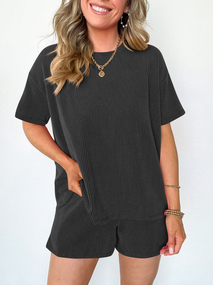 Textured Round Neck Short Sleeve Top and Shorts Set