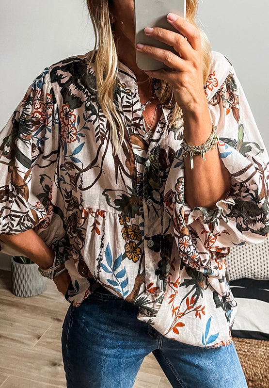 Printed Notched Flounce Sleeve Blouse