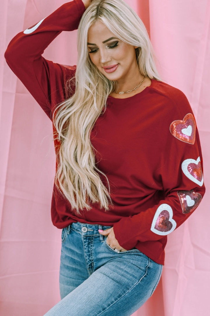 Heart Sequin Round Neck Long Sleeve T-Shirt