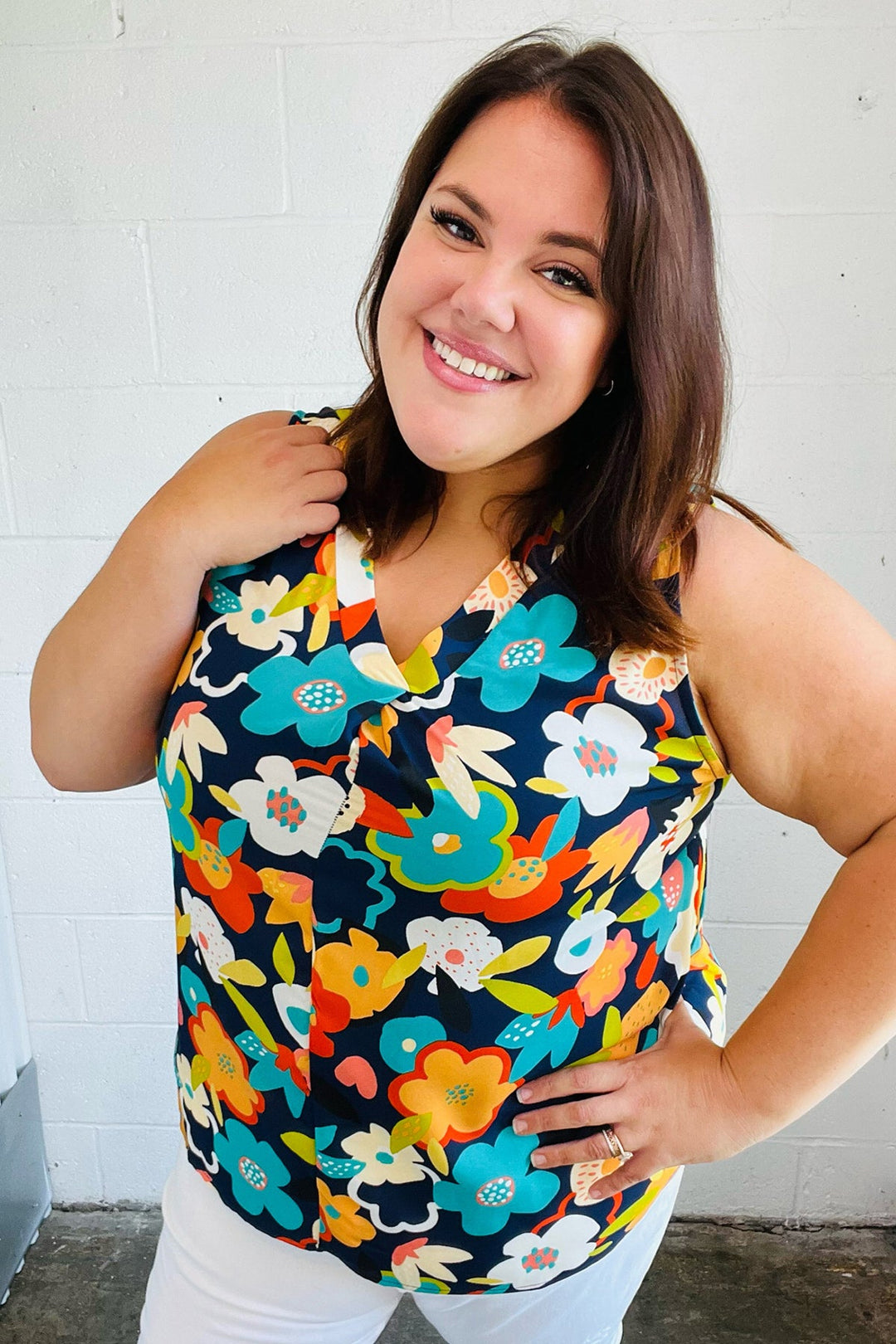 Navy Flat Floral Banded V Neck Sleeveless Top