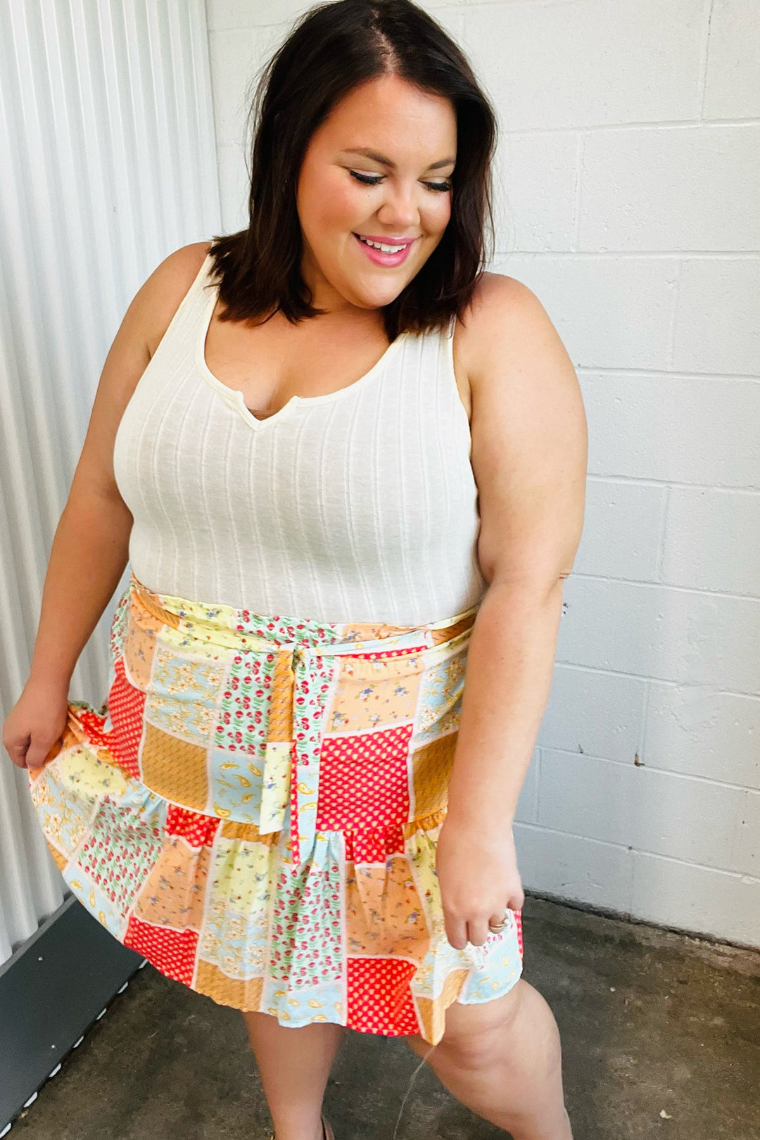 Multicolor Patchwork Two-Fer Rib Elastic Waist Belted Dress