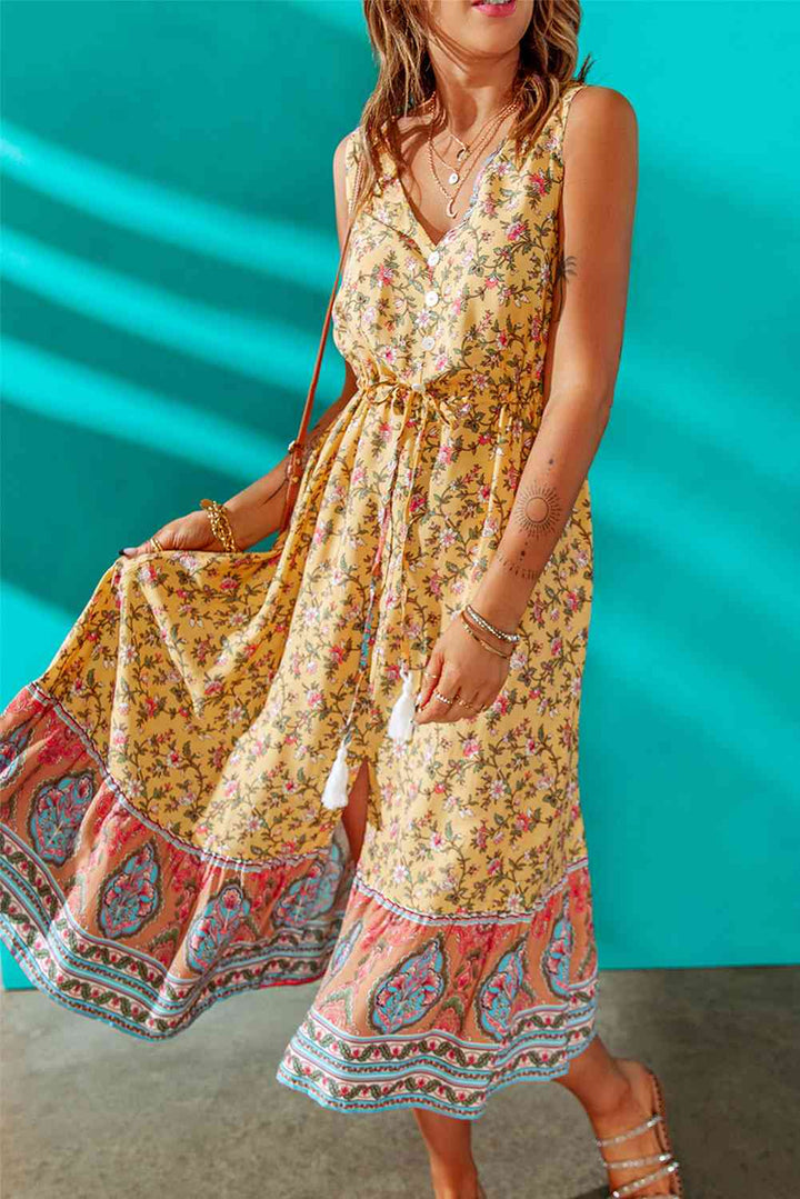 Bohemian Sleeveless Tassel Tie Slit Dress