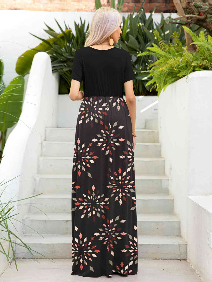 Printed Round Neck Short Sleeve Maxi Dress