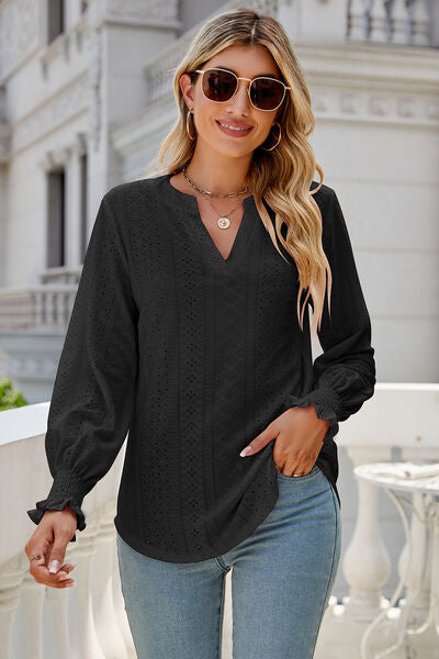 Eyelet Notched Lantern Sleeve T-Shirt