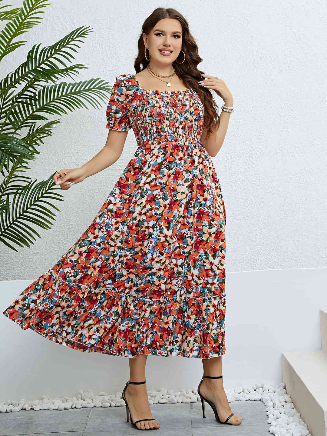 Plus Size Floral Smocked Square Neck Dress