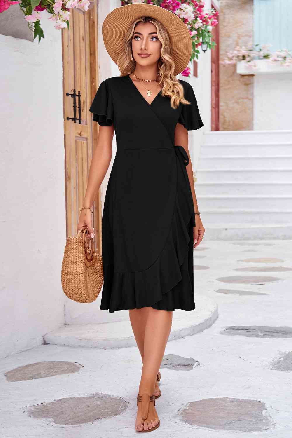 Surplice Neck Flutter Sleeve Dress