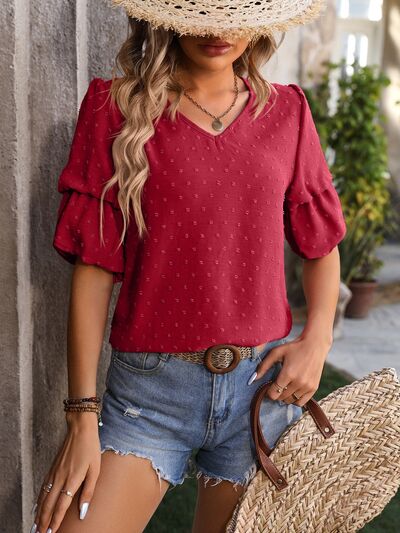 Swiss Dot V-Neck Short Sleeve Blouse