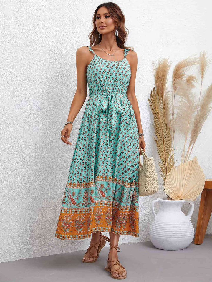 Bohemian Tie Waist Scoop Neck Dress