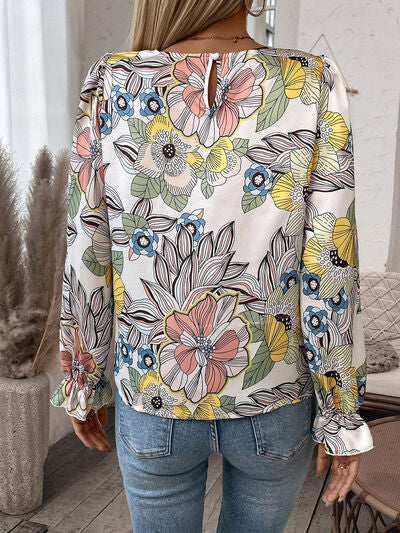 Printed Round Neck Flounce Sleeve Blouse