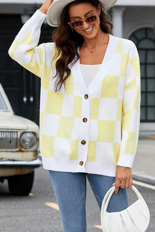 Checkered Button-Up Dropped Shoulder Cardigan