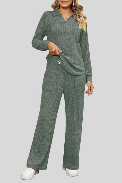 Ribbed Long Sleeve Top and Pocketed Pants Set