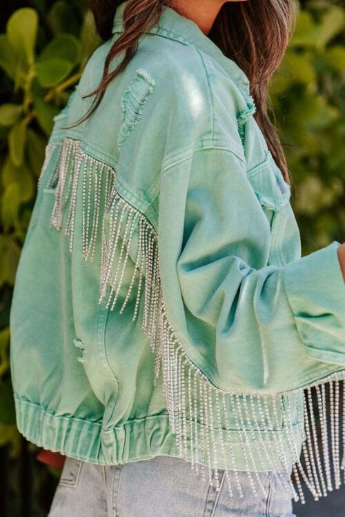 Fringed Chain Raw Hem Distressed Jacket