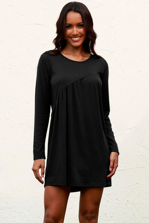 Ruched Round Neck Long Sleeve Dress