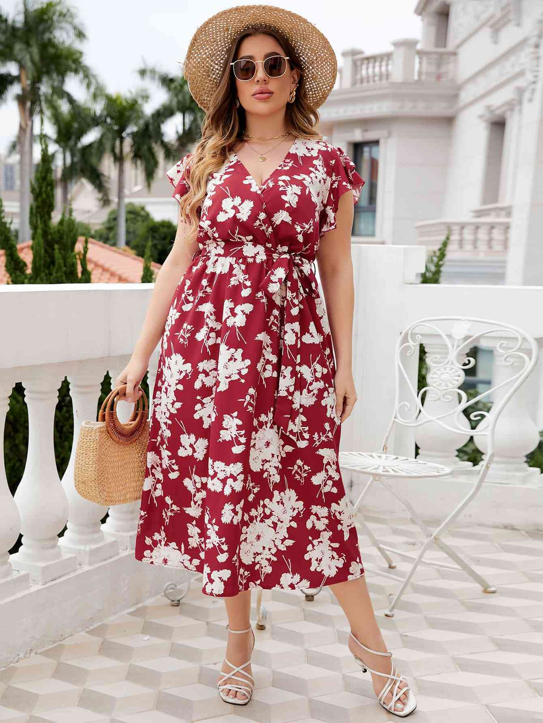 Plus Size Floral Tie Waist Surplice Neck Midi Dress