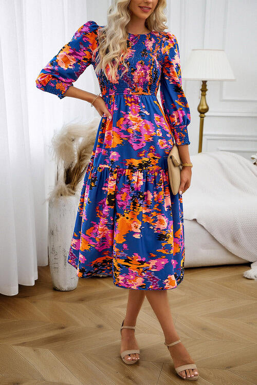 Printed Smocked Lantern Sleeve Ruffled Dress