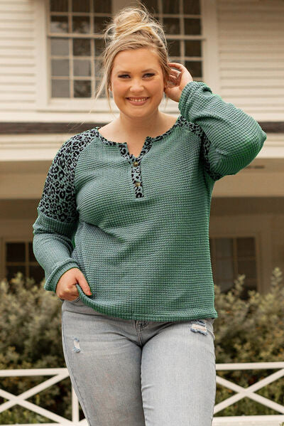 Plus Size Leopard Waffle-Knit Long Sleeve T-Shirt