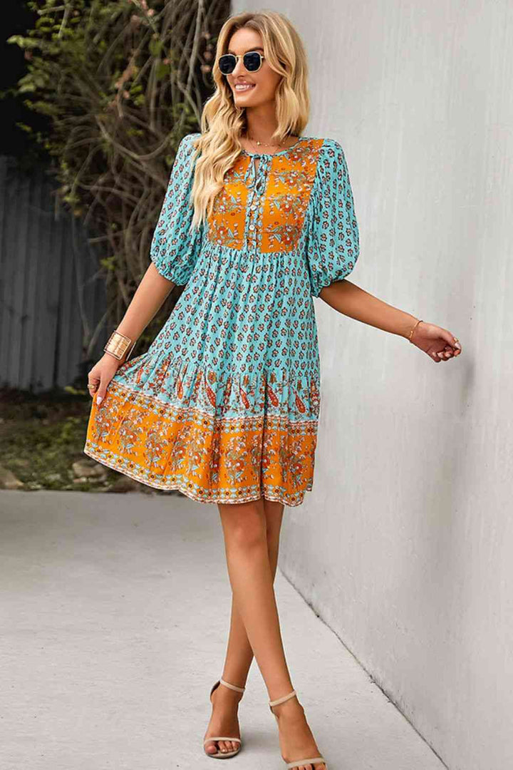 Bohemian Tie Neck Balloon Sleeve Dress