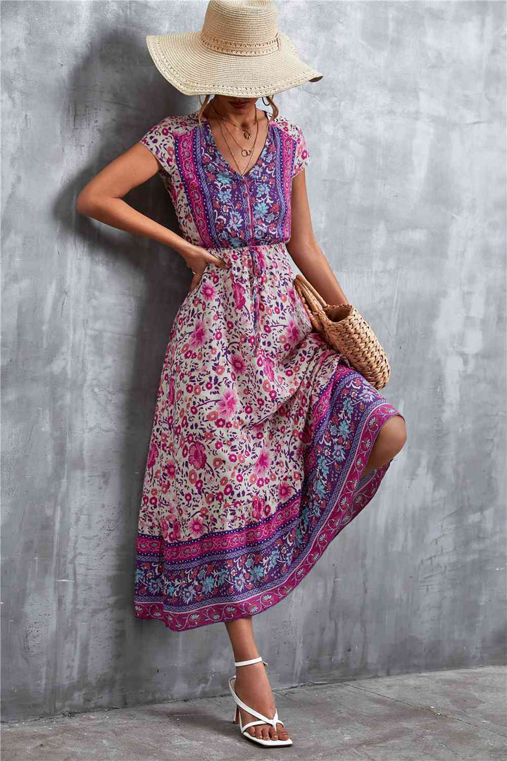 V-Neck Short Sleeve Printed Maxi Dress