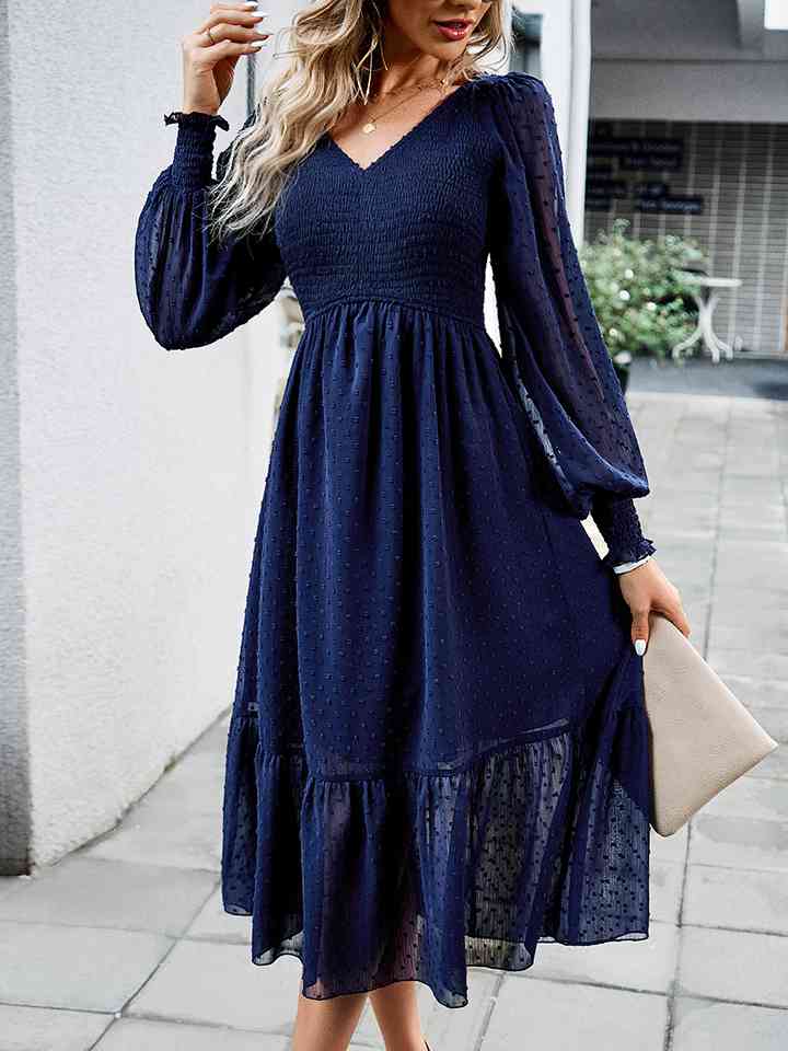 Swiss Dot V-Neck Flounce Sleeve Midi Dress