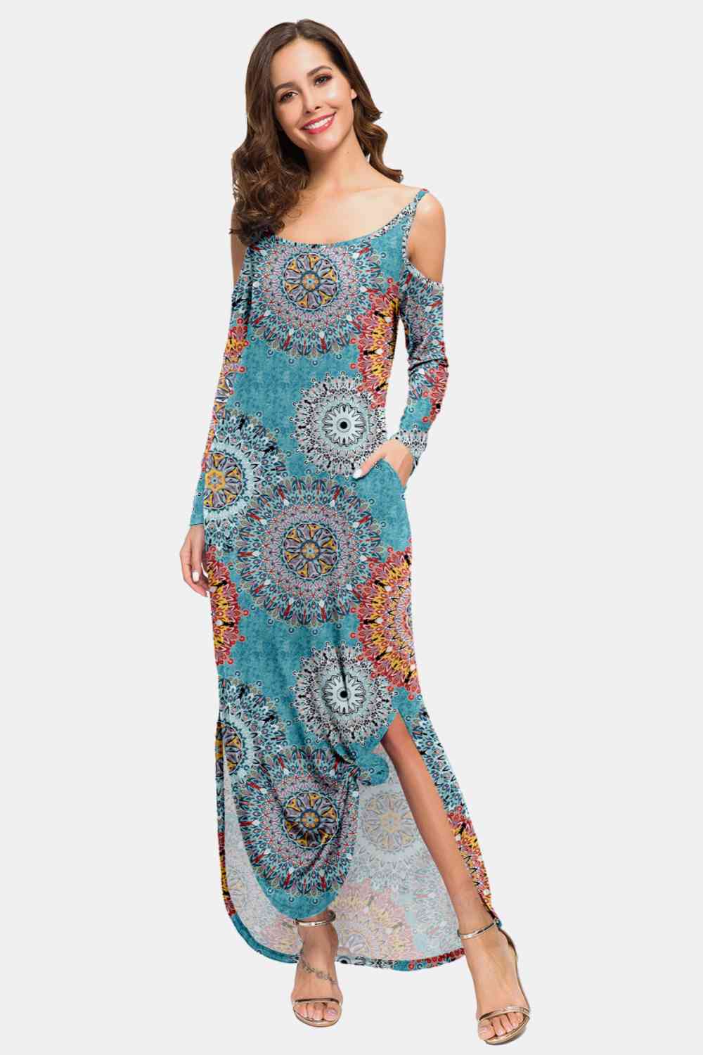 Printed Cold-Shoulder Slit Maxi Dress