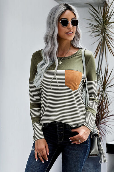 Pocketed Striped Round Neck T-Shirt