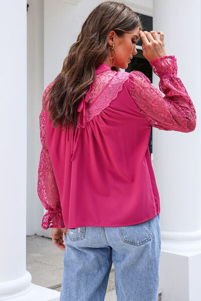 Lace Detail Mock Neck Flounce Sleeve Blouse