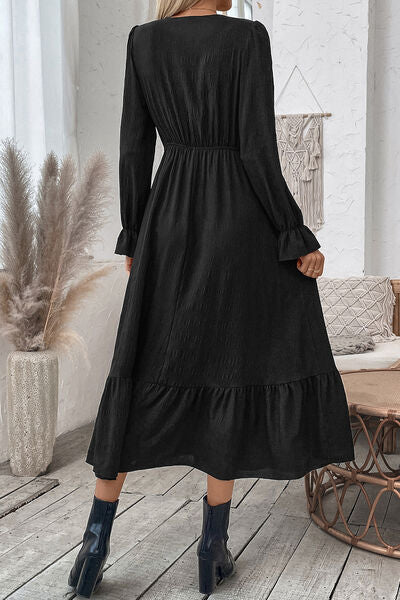 Smocked Surplice Flounce Sleeve Midi Dress