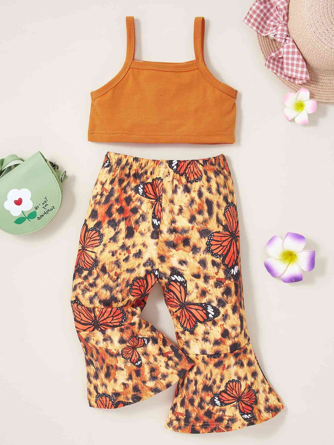 Butterfly Print Cropped Tank Top and Long Leopard Print Flare Pants Set