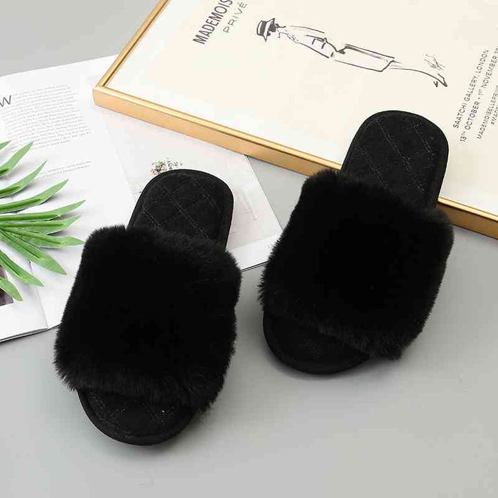 Faux Fur Open Toe Slippers