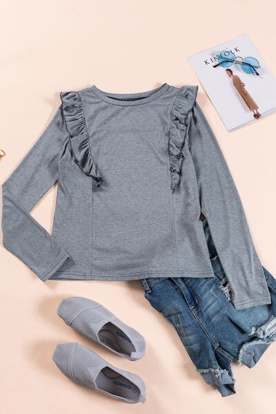 Ruffled Round Neck Long Sleeve T-Shirt