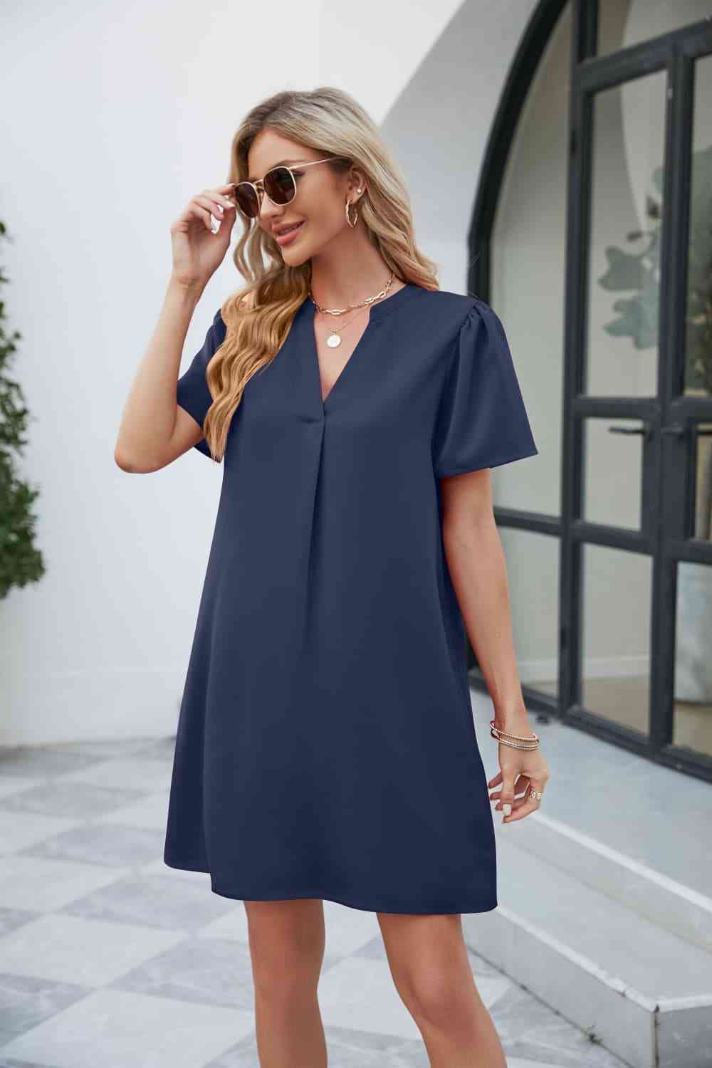 Notched Puff Sleeve Shift Dress