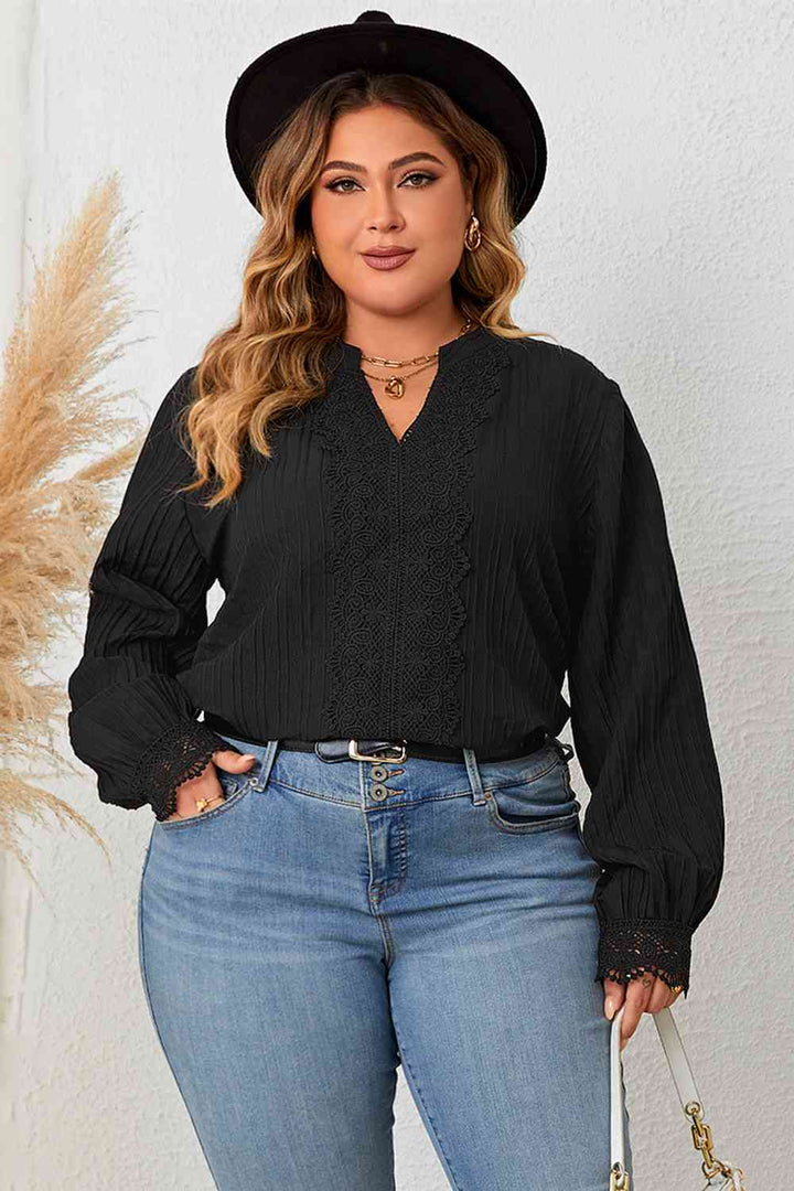 Plus Size Notched Neck Lace Detail Blouse