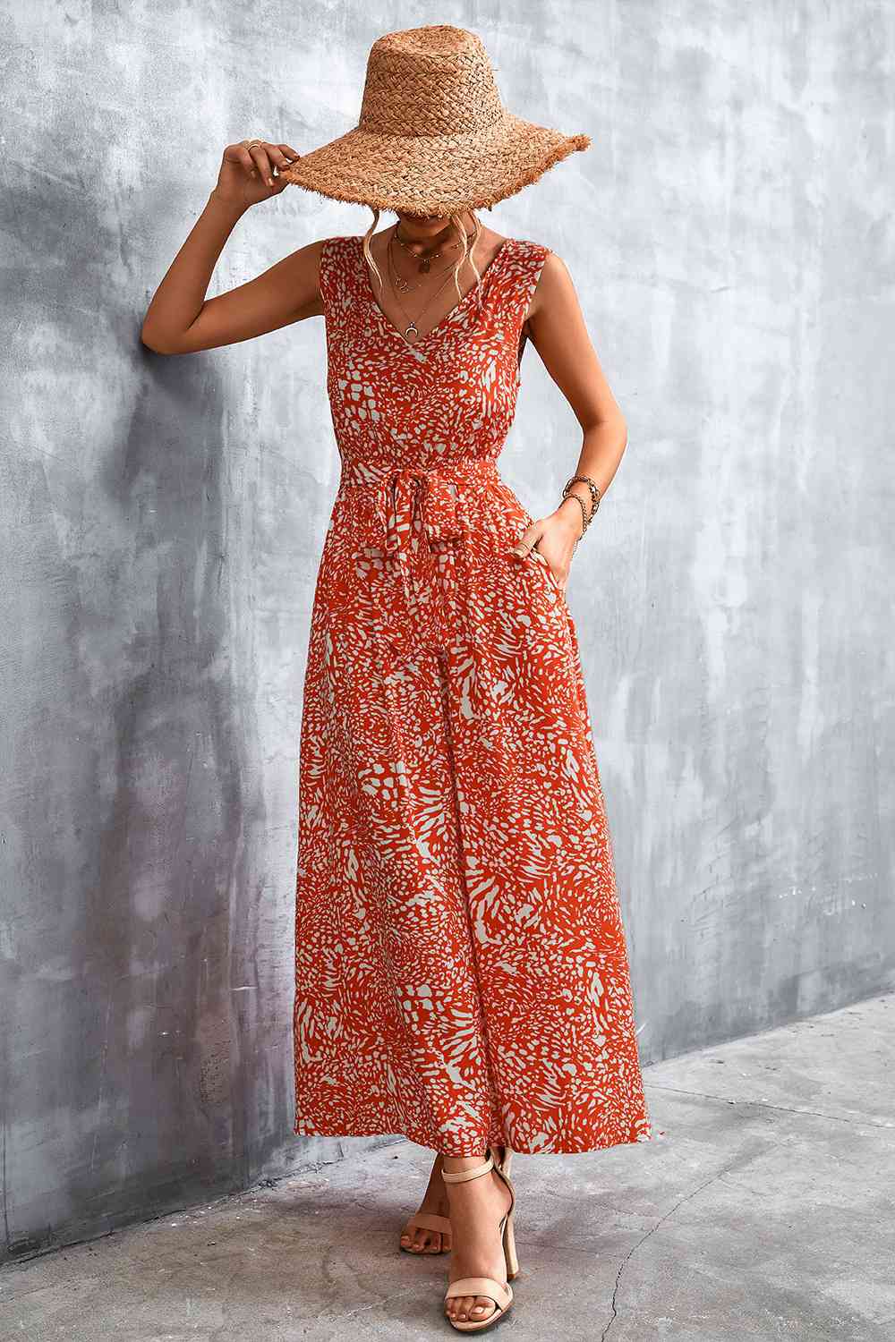 Printed V-Neck Tie Waist Maxi Dress