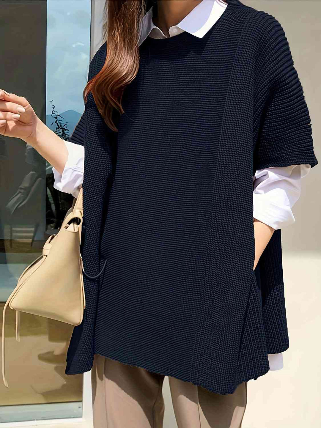 Plus Size Round Neck Slit Short Sleeve Sweater