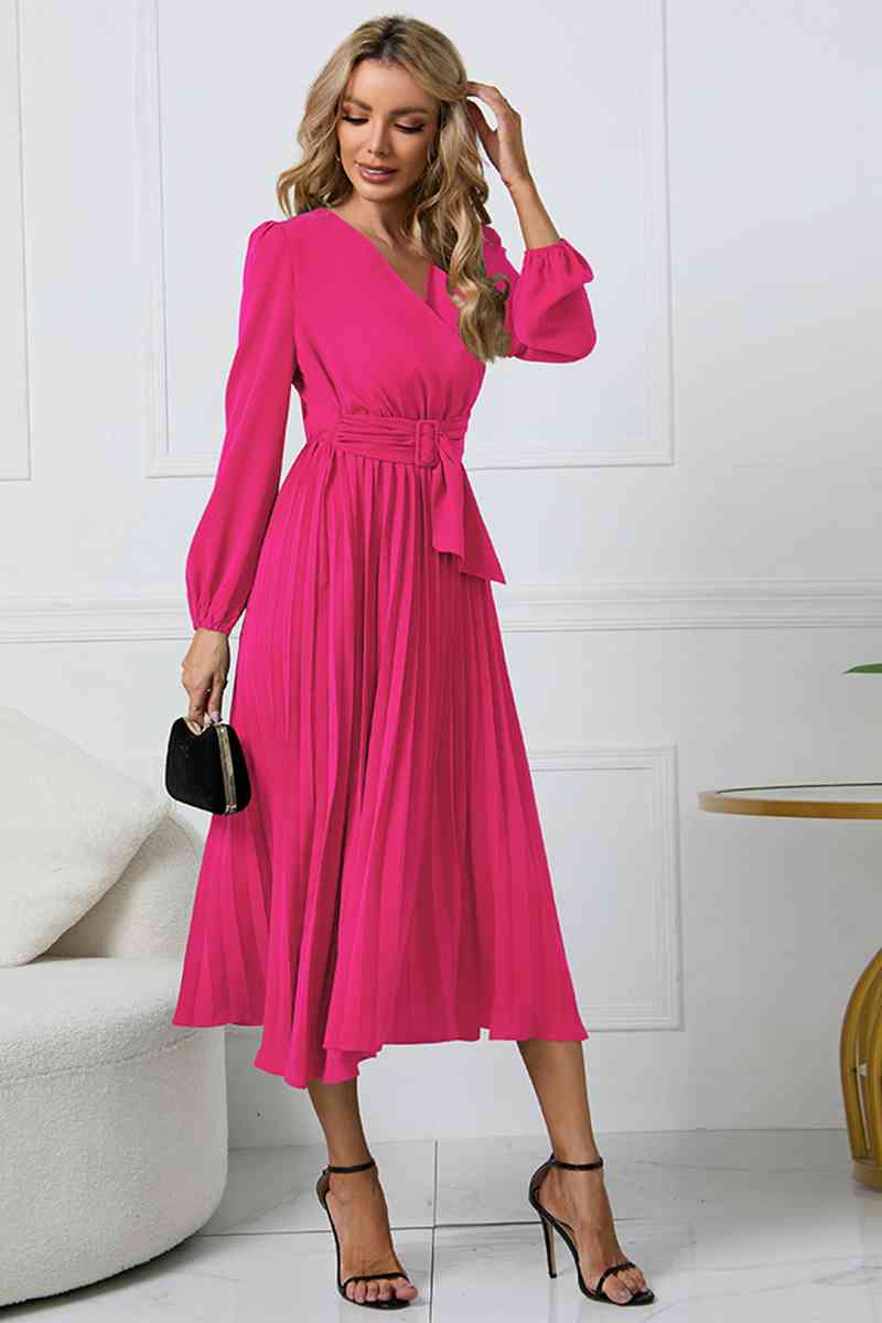 V-Neck Long Sleeve Tie Waist Midi Dress