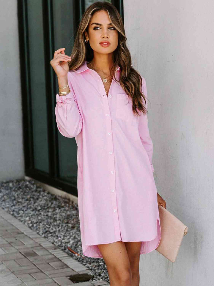 Button Up Collared Neck Long Sleeve Shirt Dress