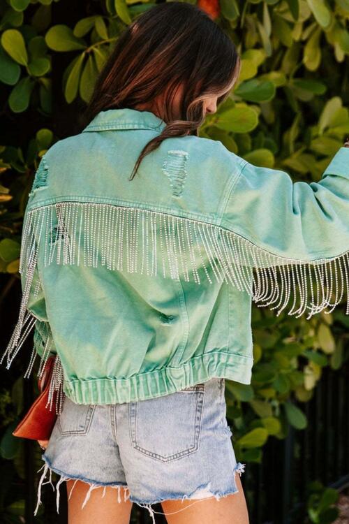 Fringed Chain Raw Hem Distressed Jacket