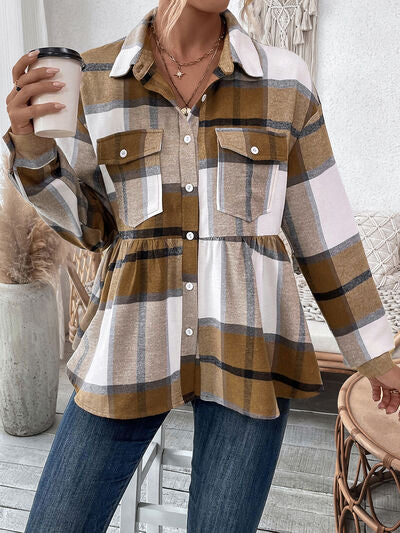 Plaid Button Up Dropped Shoulder Peplum Shacket