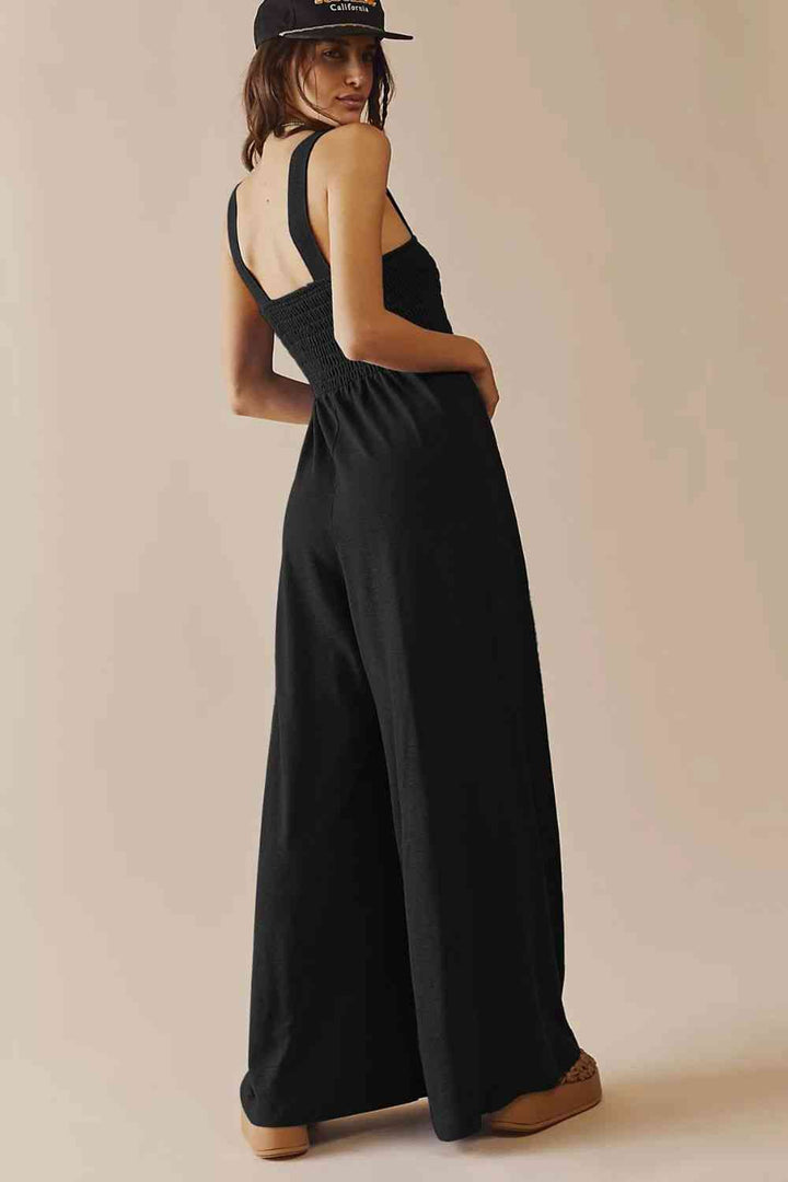 Smocked Square Neck Wide Leg Jumpsuit with Pockets