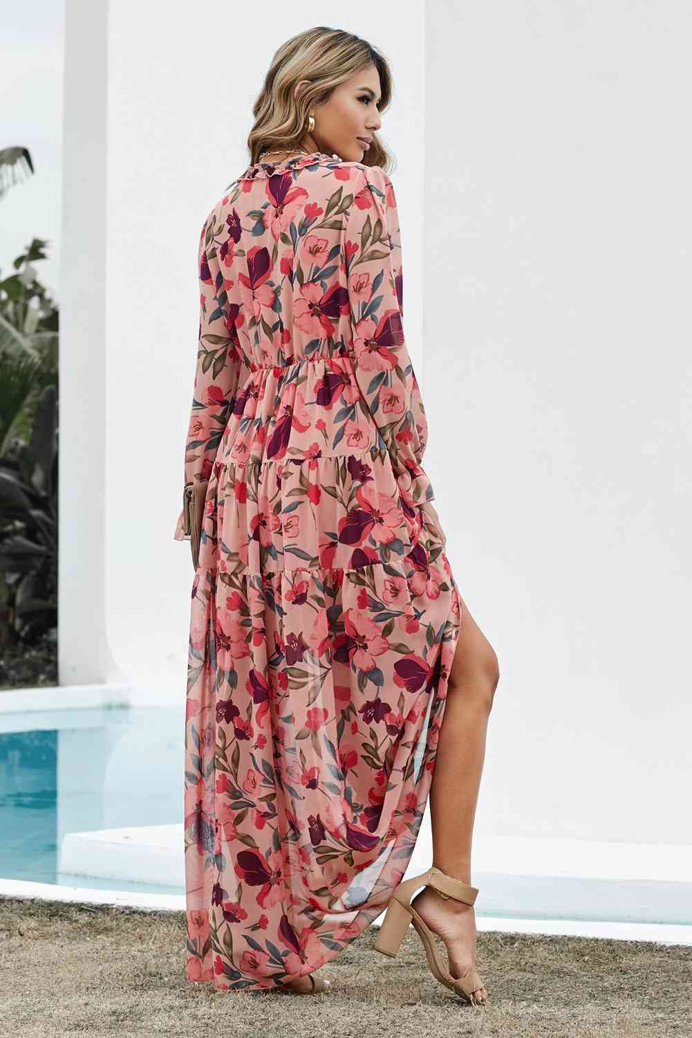 Floral Frill Trim Flounce Sleeve Plunge Maxi Dress