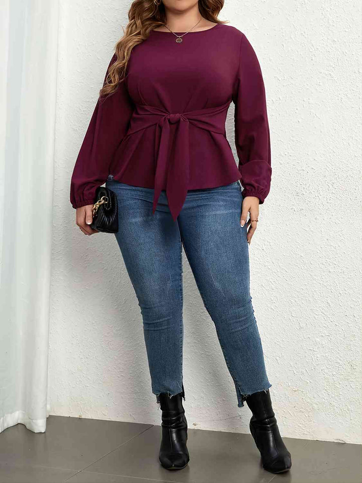 Plus Size Tie Front Long Sleeve Blouse