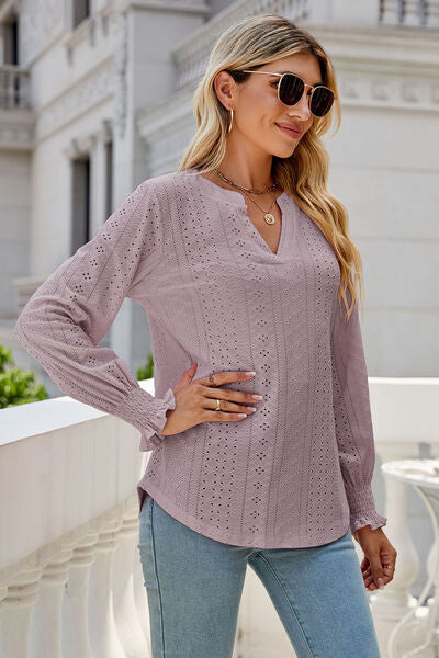 Eyelet Notched Lantern Sleeve T-Shirt