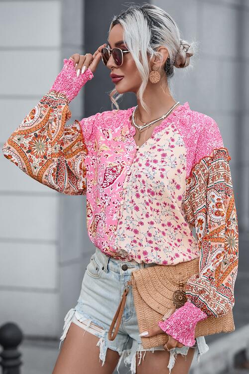 Printed Buttoned Lantern Sleeve Shirt