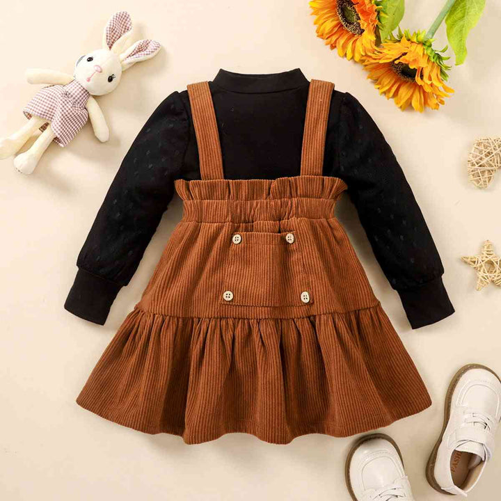 Puff Sleeve Round Neck Top and Buttoned Overall Dress Set