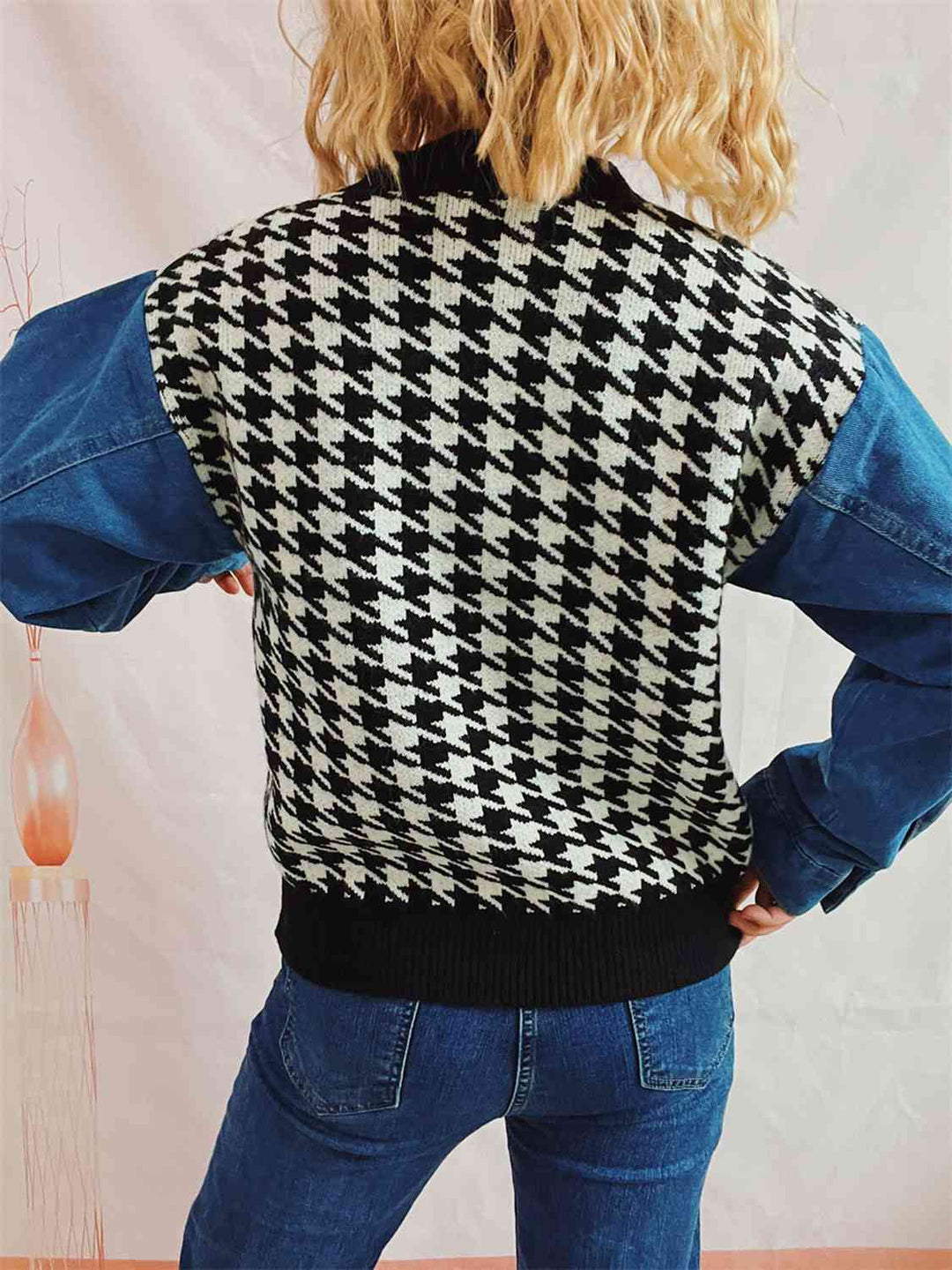 Houndstooth Denim Sleeve Sweater