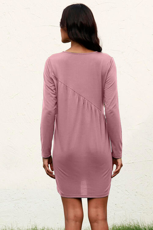 Ruched Round Neck Long Sleeve Dress