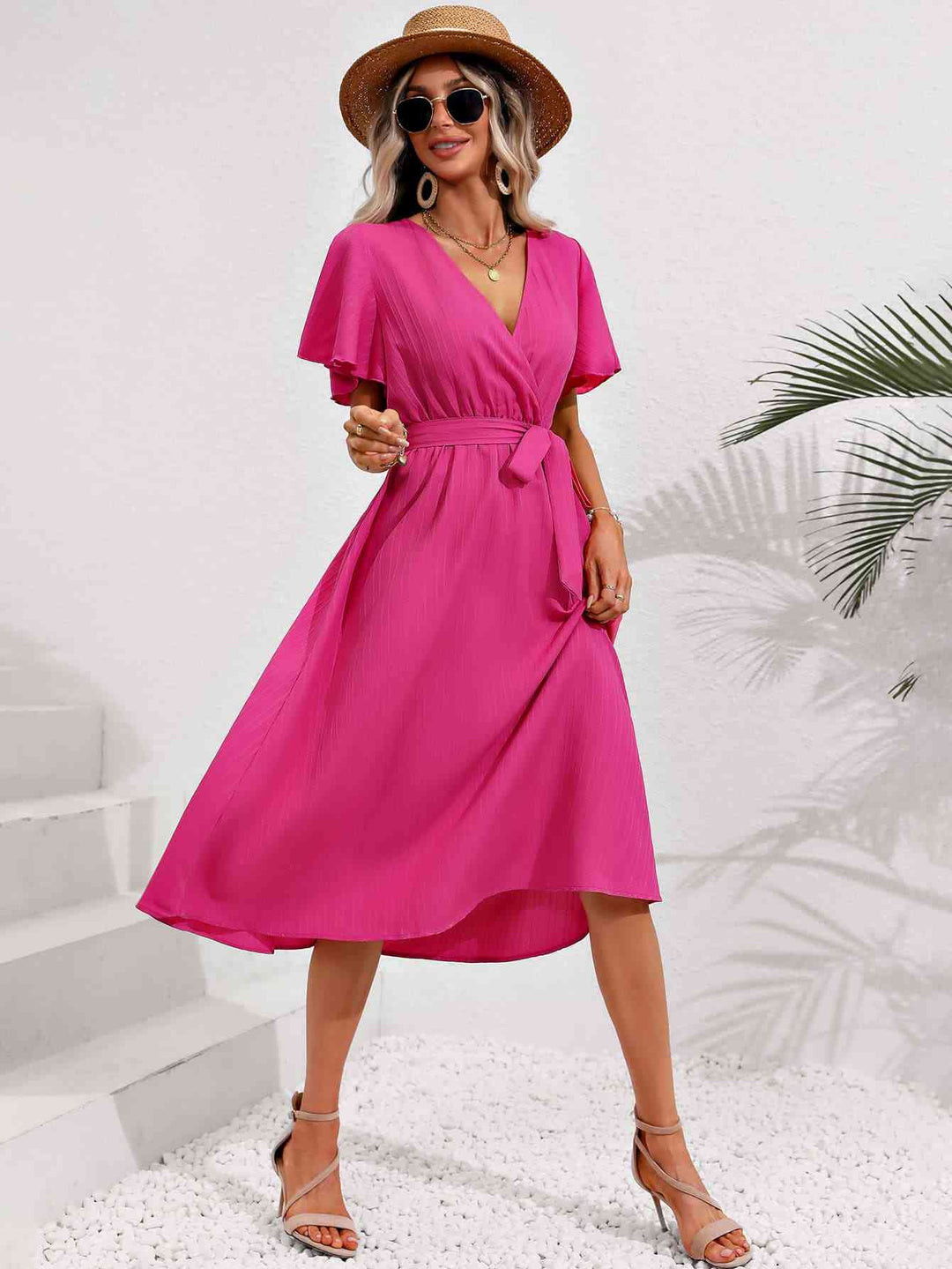 Surplice Neck Tie Belt Midi Dress