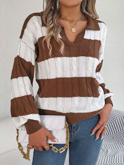 Cable-Knit Striped Long Sleeve Sweater