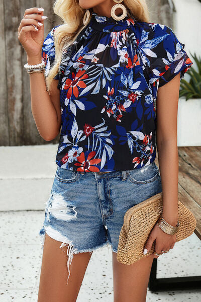 Printed Ruffled Mock Neck Blouse