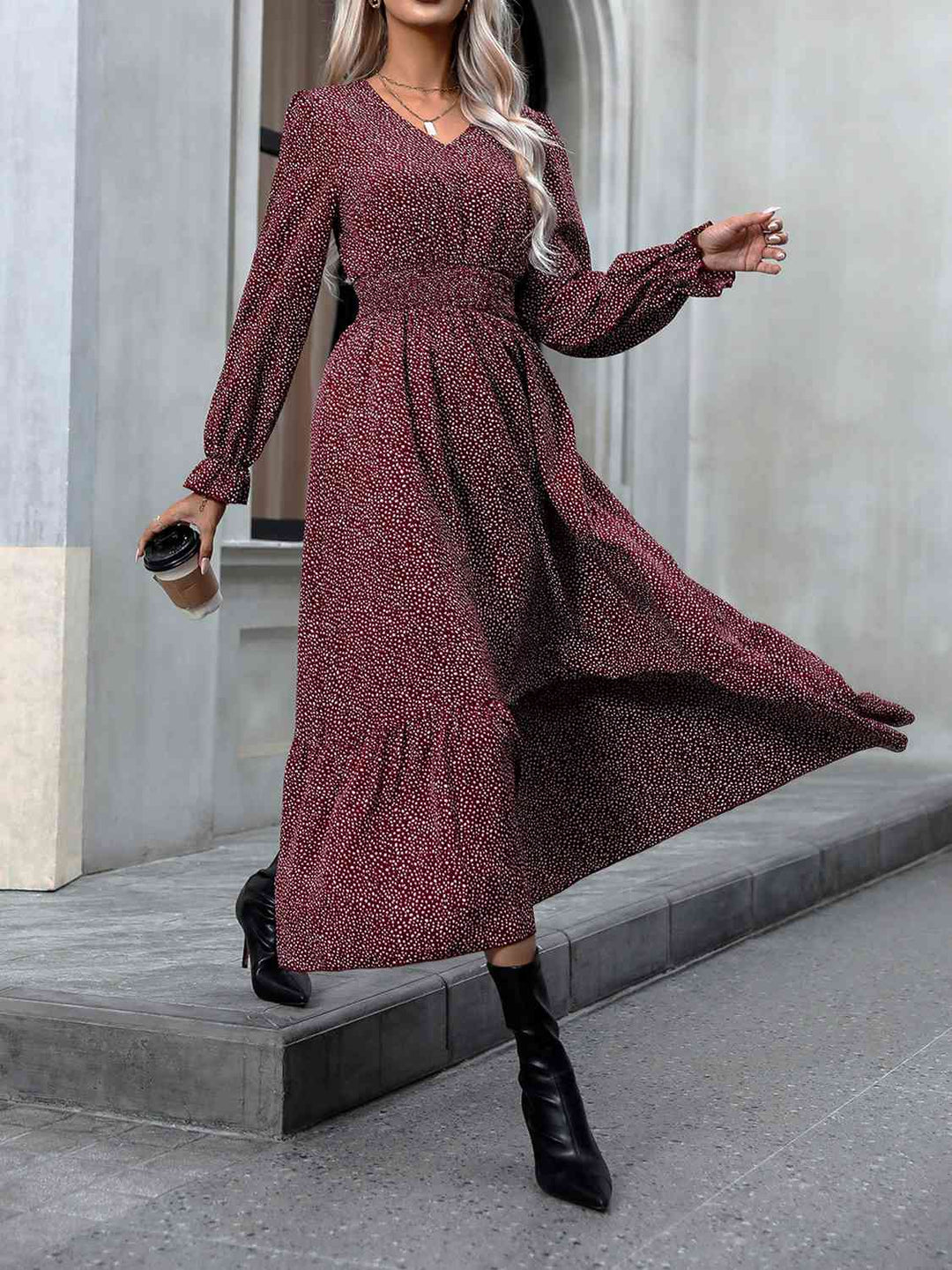 V-Neck Flounce Sleeve Dress